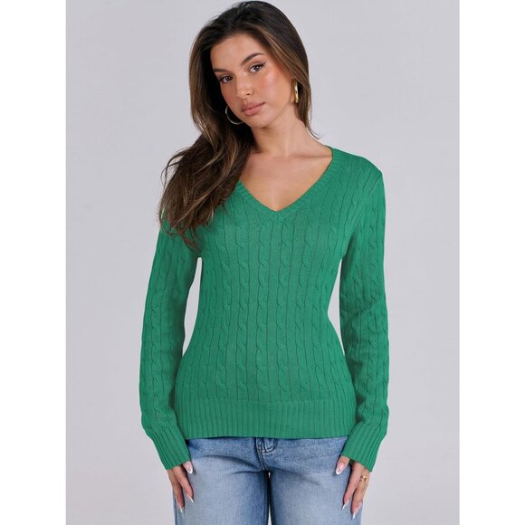 Womens Green Pull On Cable Knit Long Sleeve V Neck Fitted Casual Work Sweater - Picture 3 of 6